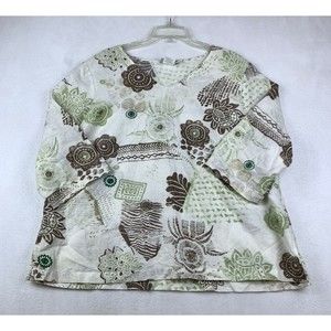 Hot Cotton Linen Cotton Boxy Tunic Shirt Womens 1X Brown Green Floral 3/4 Sleeve